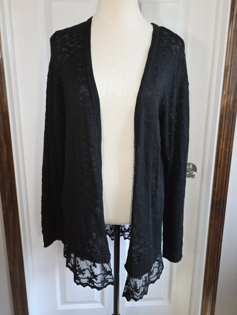 AB Studio Black Open-Front Cardigan with Lace Hem Women's Size Extra Large XL - Picture 2 of 13